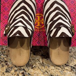 Tory Burch Zebra Print Mules in Brown and White 8.5